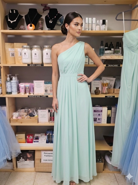 David's Bridal Dresses & Skirts - David's Bridal One-Shoulder Chiffon Gown in Mint